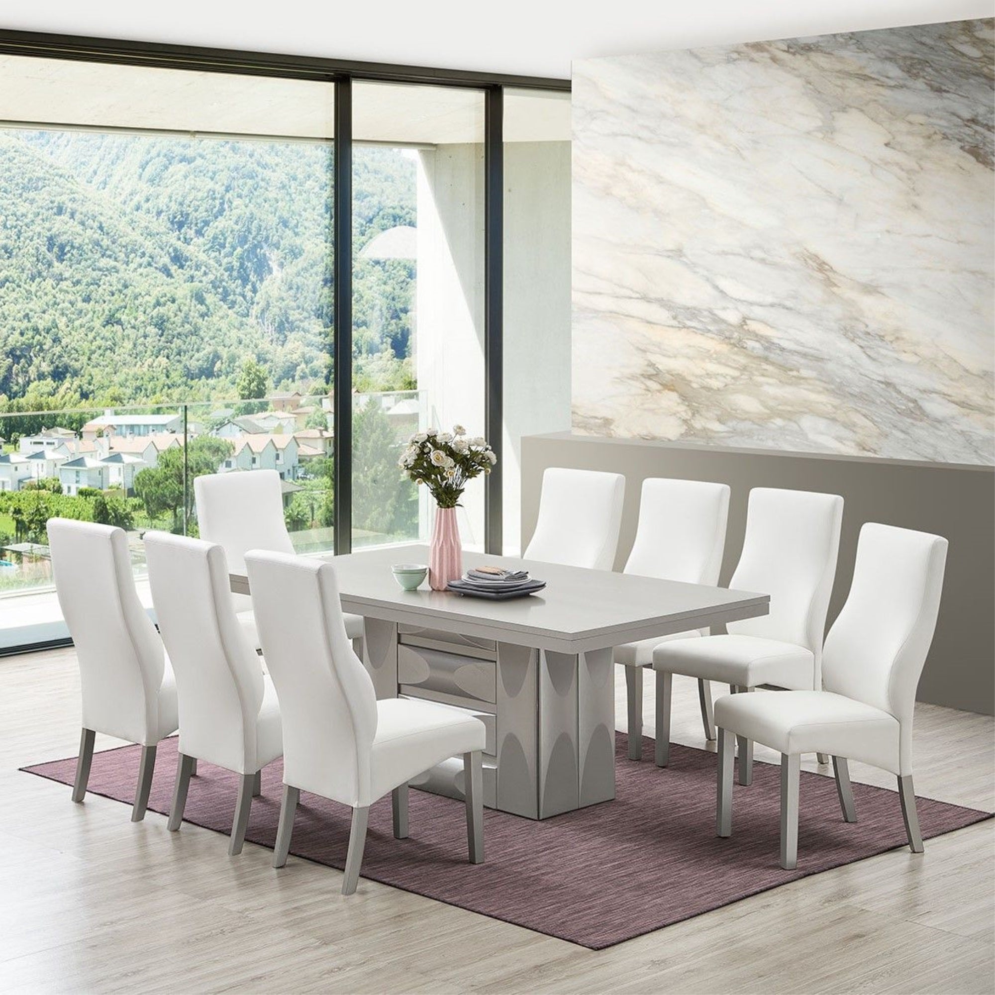 Astra 9 Piece Pedestal Dining Set, Champagne Wood & White Vinyl (Table, 8 Chairs)