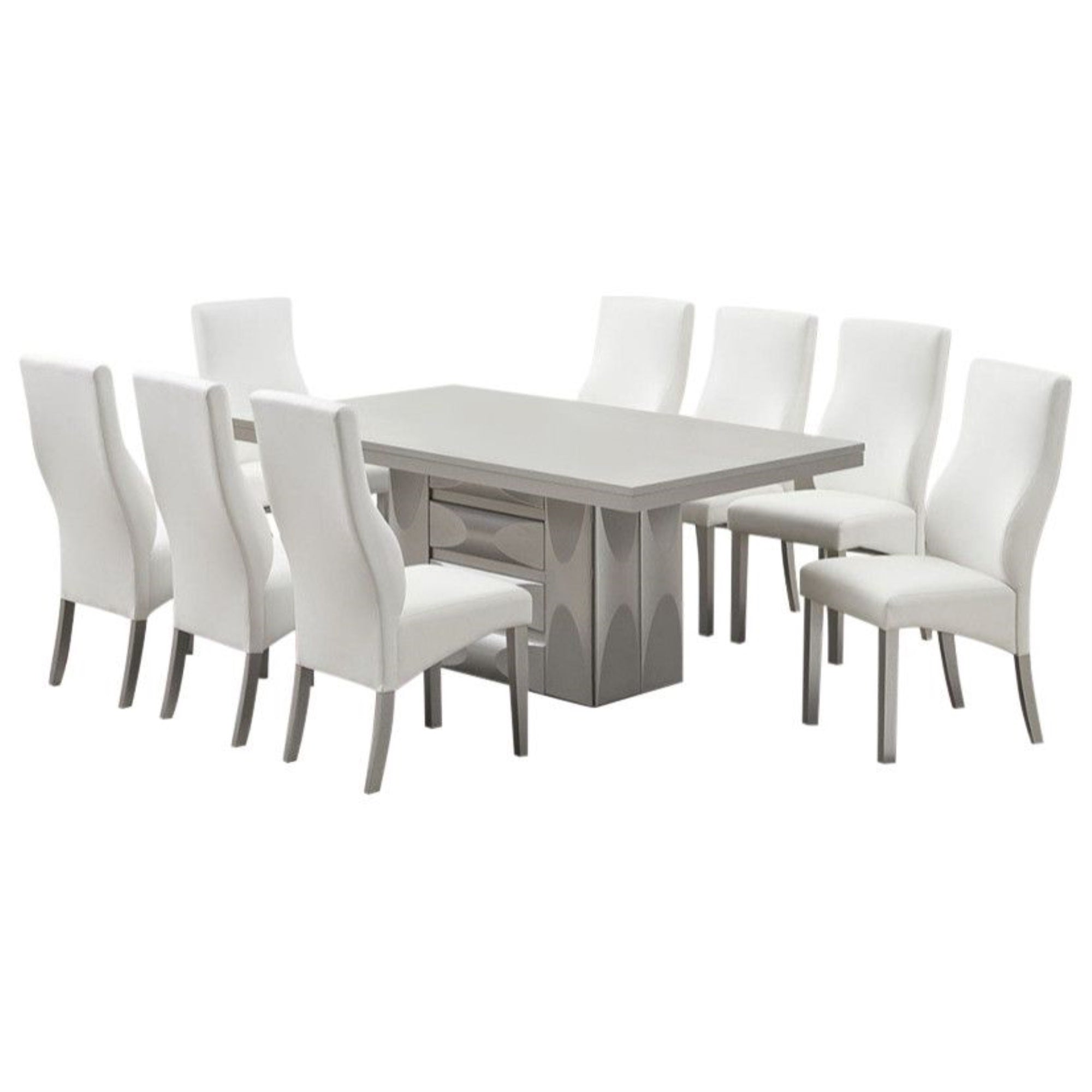Astra 9 Piece Pedestal Dining Set, Champagne Wood & White Vinyl (Table, 8 Chairs)