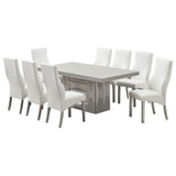 Astra 9 Piece Pedestal Dining Set, Champagne Wood & White Vinyl (Table, 8 Chairs)