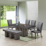 Voight 6 Piece Pedestal Dining Set, Gray Wood & Vinyl (Table, 4 Chairs, Bench)