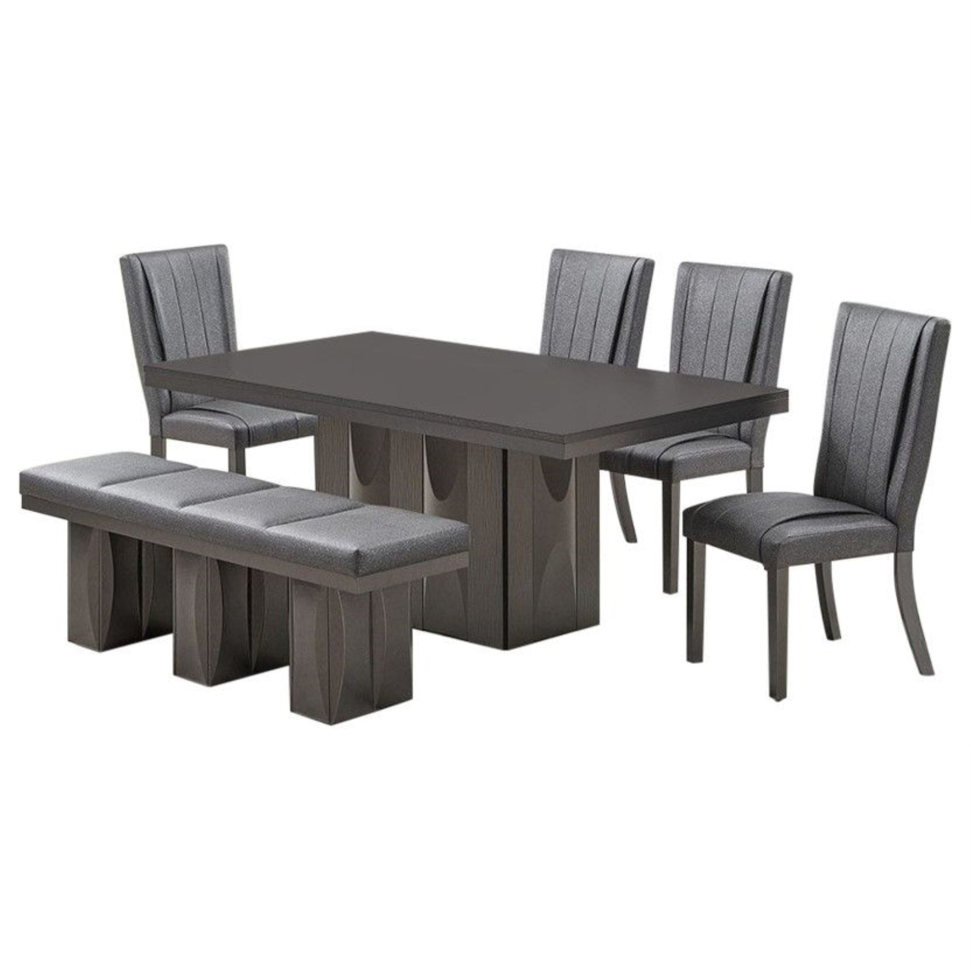 Voight 6 Piece Pedestal Dining Set, Gray Wood & Vinyl (Table, 4 Chairs, Bench)