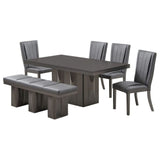 Voight 6 Piece Pedestal Dining Set, Gray Wood & Vinyl (Table, 4 Chairs, Bench)