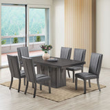 Voight 7 Piece Pedestal Dining Set, Gray Wood & Vinyl (Table, 6 Chairs)