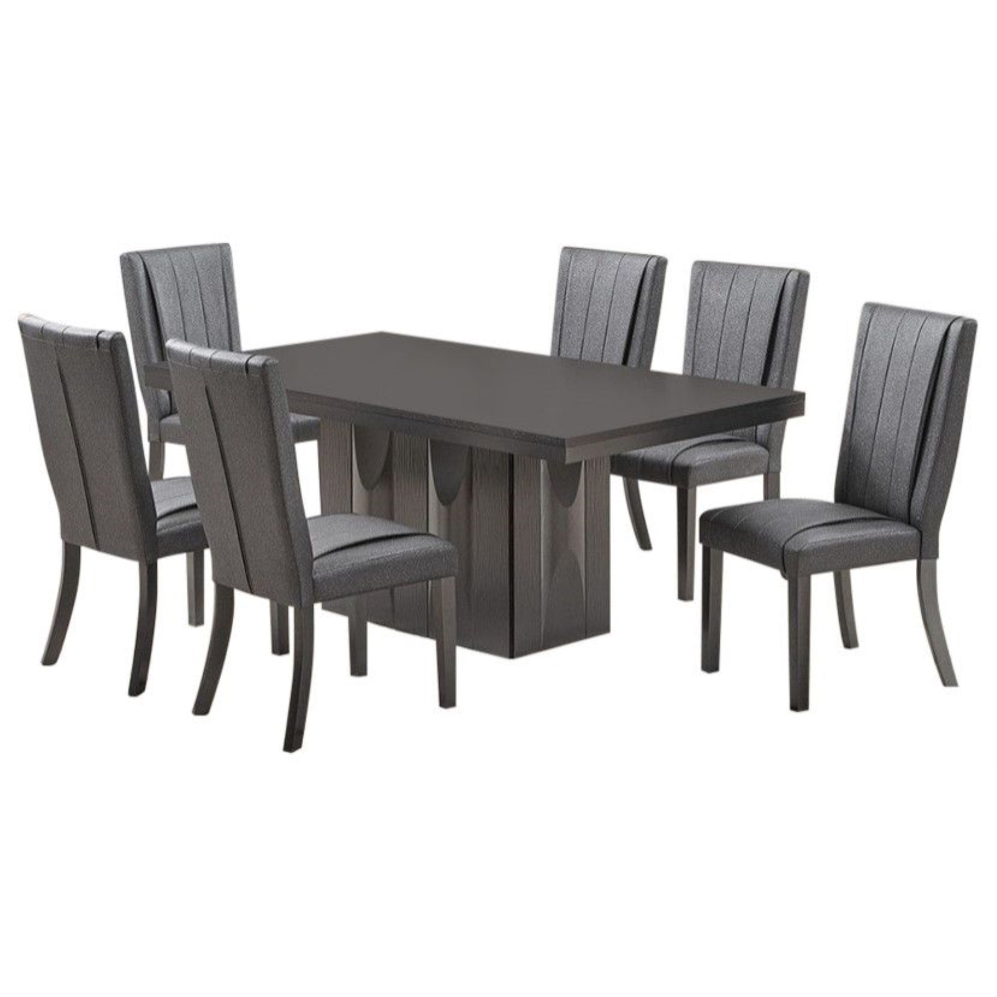 Voight 7 Piece Pedestal Dining Set, Gray Wood & Vinyl (Table, 6 Chairs)