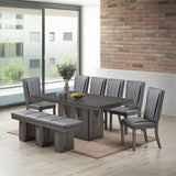 Voight 8 Piece Pedestal Dining Set, Gray Wood & Vinyl (Table, 6 Chairs, Bench)