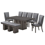 Voight 8 Piece Pedestal Dining Set, Gray Wood & Vinyl (Table, 6 Chairs, Bench)