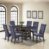 Huxley 7 Piece Contemporary Dining Set, Black Wood & Blue Fabric (Table, 6 Chairs)