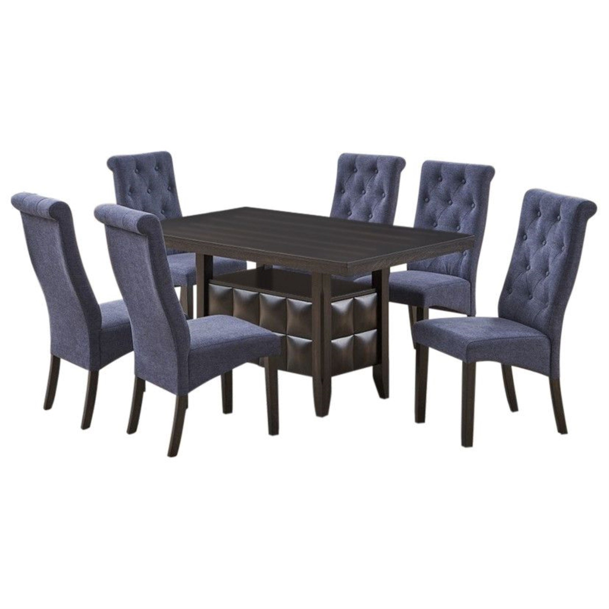 Huxley 7 Piece Contemporary Dining Set, Black Wood & Blue Fabric (Table, 6 Chairs)