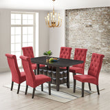 Huxley 7 Piece Contemporary Dining Set, Black Wood & Red Fabric (Table, 6 Chairs)