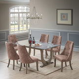 Benoit 7 Piece Glasstop Dining Set, Dark Brown Fabric & Gray Wood (Trestle Table & 6 High-Back Tufted Chairs)