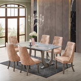 Benoit 7 Piece Glasstop Dining Set, Light Brown Fabric & Gray Wood (Trestle Table & 6 High-Back Tufted Chairs)