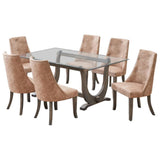 Benoit 7 Piece Glasstop Dining Set, Light Brown Fabric & Gray Wood (Trestle Table & 6 High-Back Tufted Chairs)