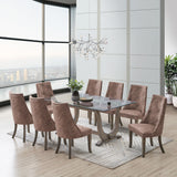 Benoit 9 Piece Glasstop Dining Set, Dark Brown Fabric & Gray Wood (Trestle Table & 8 High-Back Tufted Chairs)