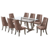 Benoit 9 Piece Glasstop Dining Set, Dark Brown Fabric & Gray Wood (Trestle Table & 8 High-Back Tufted Chairs)