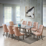 Benoit 9 Piece Glasstop Dining Set, Light Brown Fabric & Gray Wood (Trestle Table & 8 High-Back Tufted Chairs)