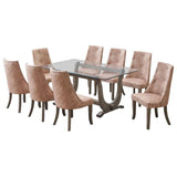 Benoit 9 Piece Glasstop Dining Set, Light Brown Fabric & Gray Wood (Trestle Table & 8 High-Back Tufted Chairs)