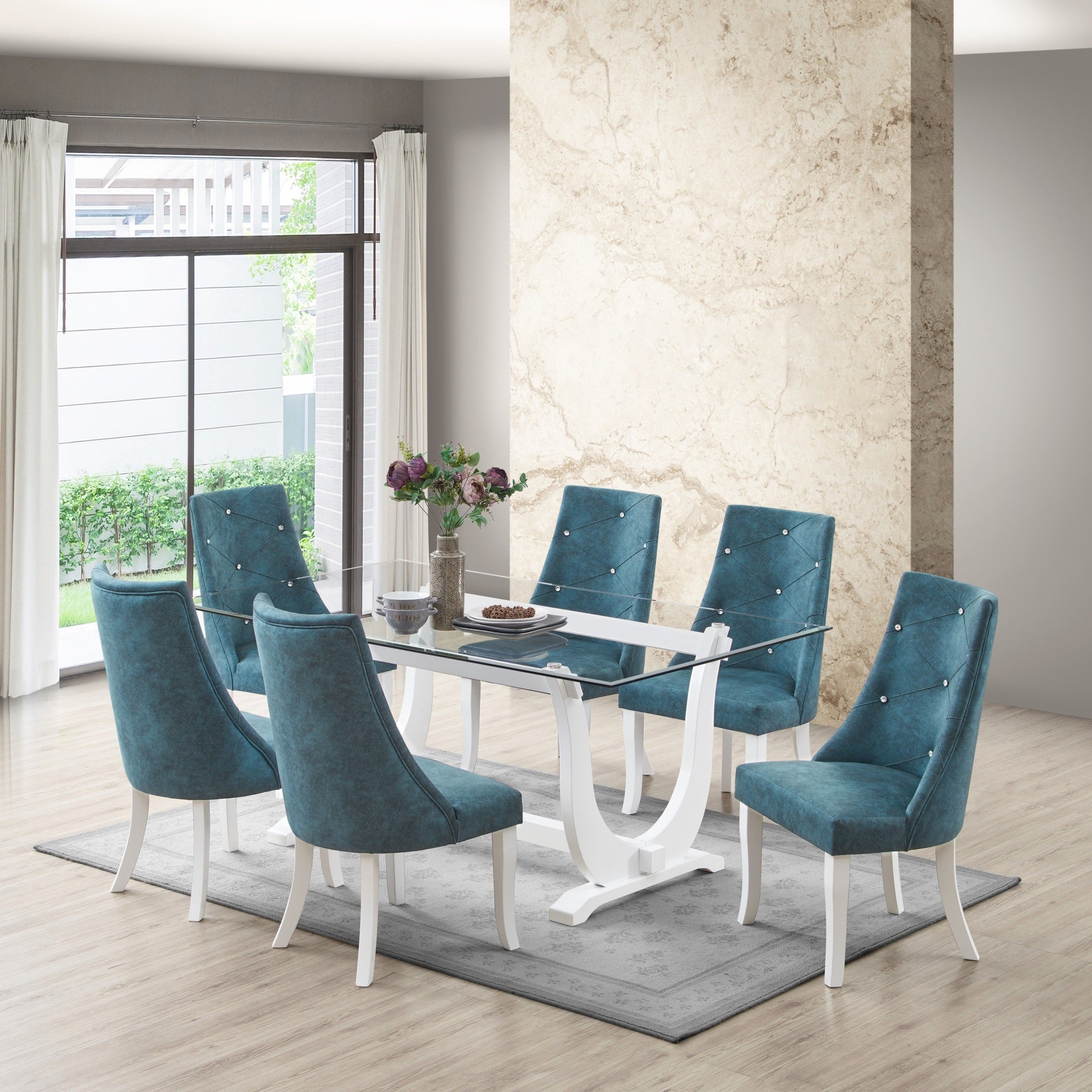 Benoit 7 Piece Glasstop Dining Set, Blue Fabric & White Wood (Trestle Table & 6 High-Back Tufted Chairs)