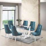 Benoit 7 Piece Glasstop Dining Set, Blue Fabric & White Wood (Trestle Table & 6 High-Back Tufted Chairs)