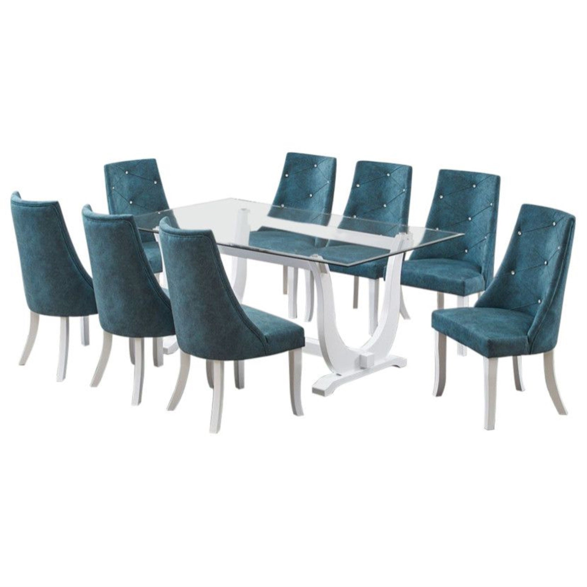 Benoit 7 Piece Glasstop Dining Set, Blue Fabric & White Wood (Trestle Table & 6 High-Back Tufted Chairs)