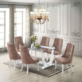 Benoit 7 Piece Glasstop Dining Set, Dark Brown Fabric & White Wood (Trestle Table & 6 High-Back Tufted Chairs)