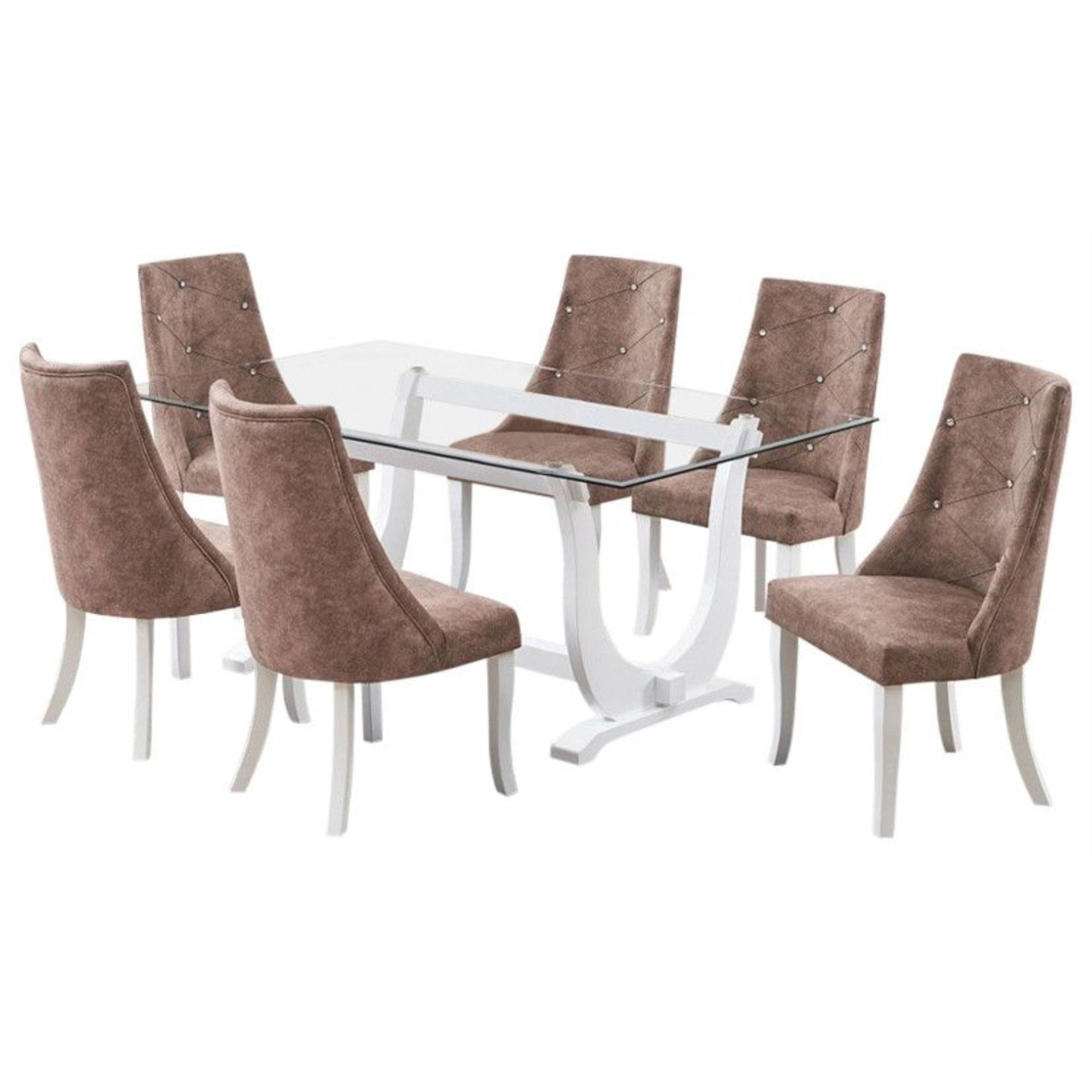 Benoit 7 Piece Glasstop Dining Set, Dark Brown Fabric & White Wood (Trestle Table & 6 High-Back Tufted Chairs)