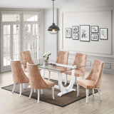Benoit 7 Piece Glasstop Dining Set, Light Brown Fabric & White Wood (Trestle Table & 6 High-Back Tufted Chairs)