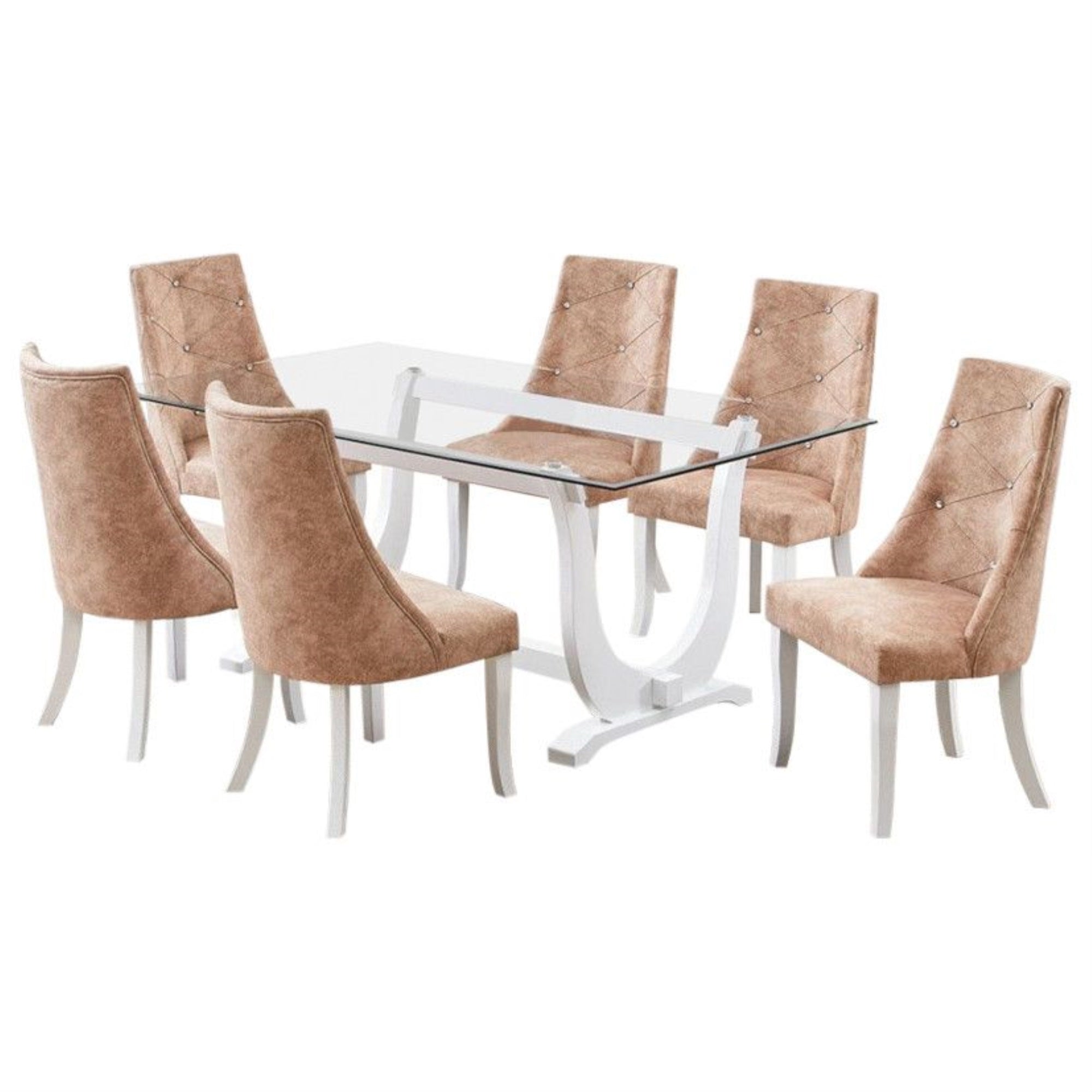 Benoit 7 Piece Glasstop Dining Set, Light Brown Fabric & White Wood (Trestle Table & 6 High-Back Tufted Chairs)