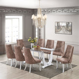 Benoit 9 Piece Glasstop Dining Set, Dark Brown Fabric & White Wood (Trestle Table & 8 High-Back Tufted Chairs)