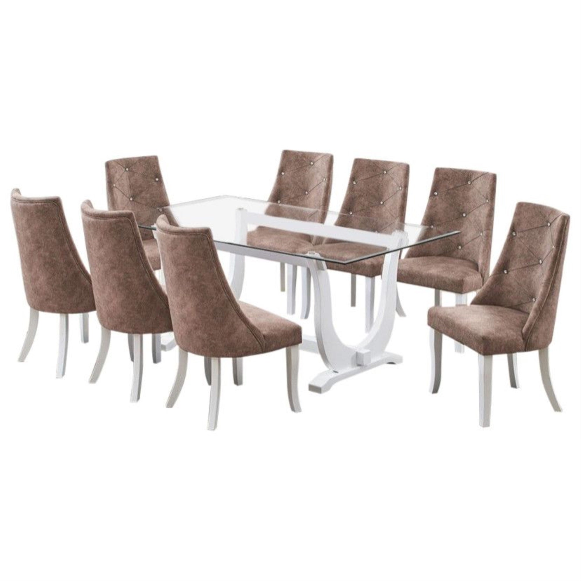 Benoit 9 Piece Glasstop Dining Set, Dark Brown Fabric & White Wood (Trestle Table & 8 High-Back Tufted Chairs)
