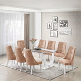 Benoit 9 Piece Glasstop Dining Set, Light Brown Fabric & White Wood (Trestle Table & 8 High-Back Tufted Chairs)