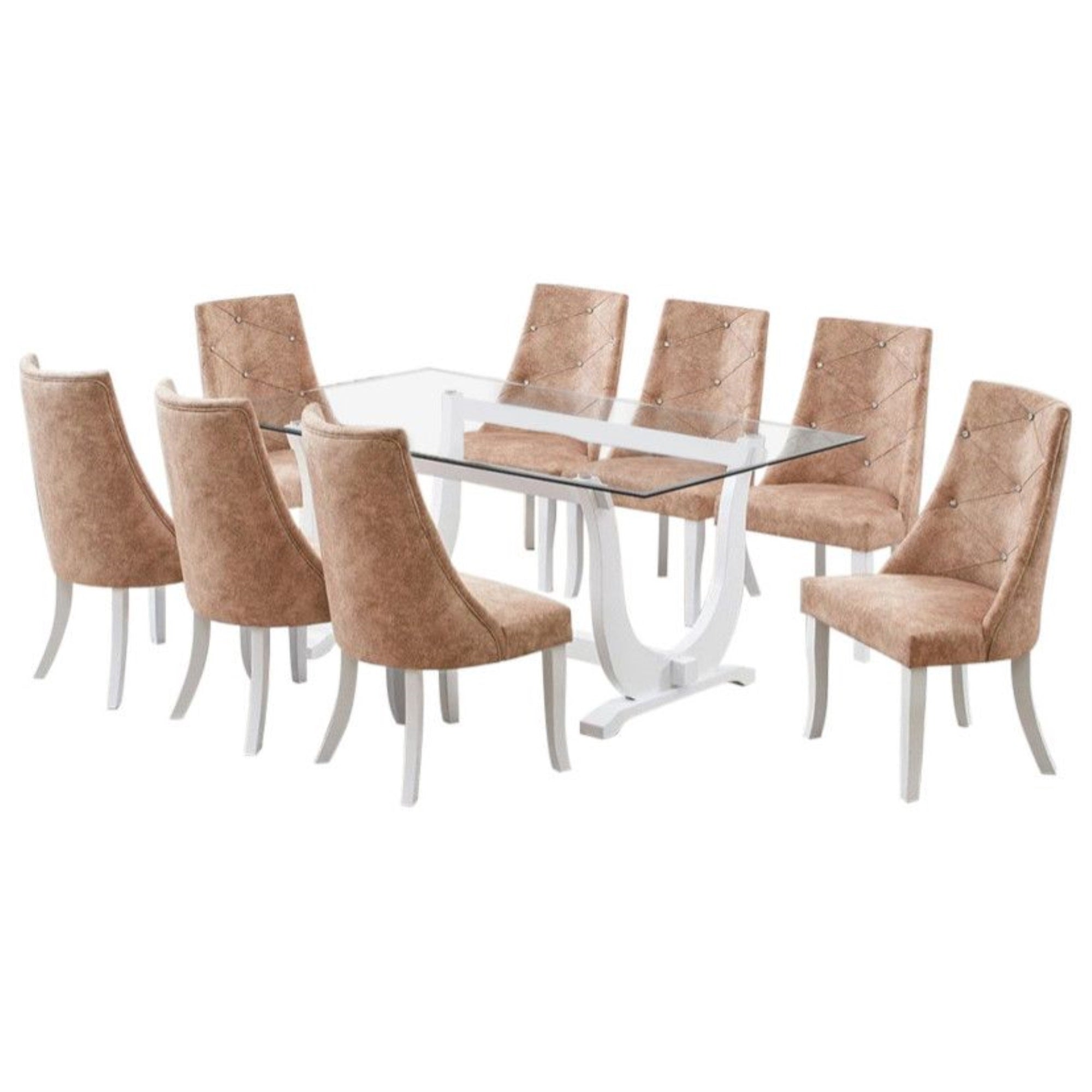 Benoit 9 Piece Glasstop Dining Set, Light Brown Fabric & White Wood (Trestle Table & 8 High-Back Tufted Chairs)