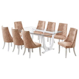 Benoit 9 Piece Glasstop Dining Set, Light Brown Fabric & White Wood (Trestle Table & 8 High-Back Tufted Chairs)