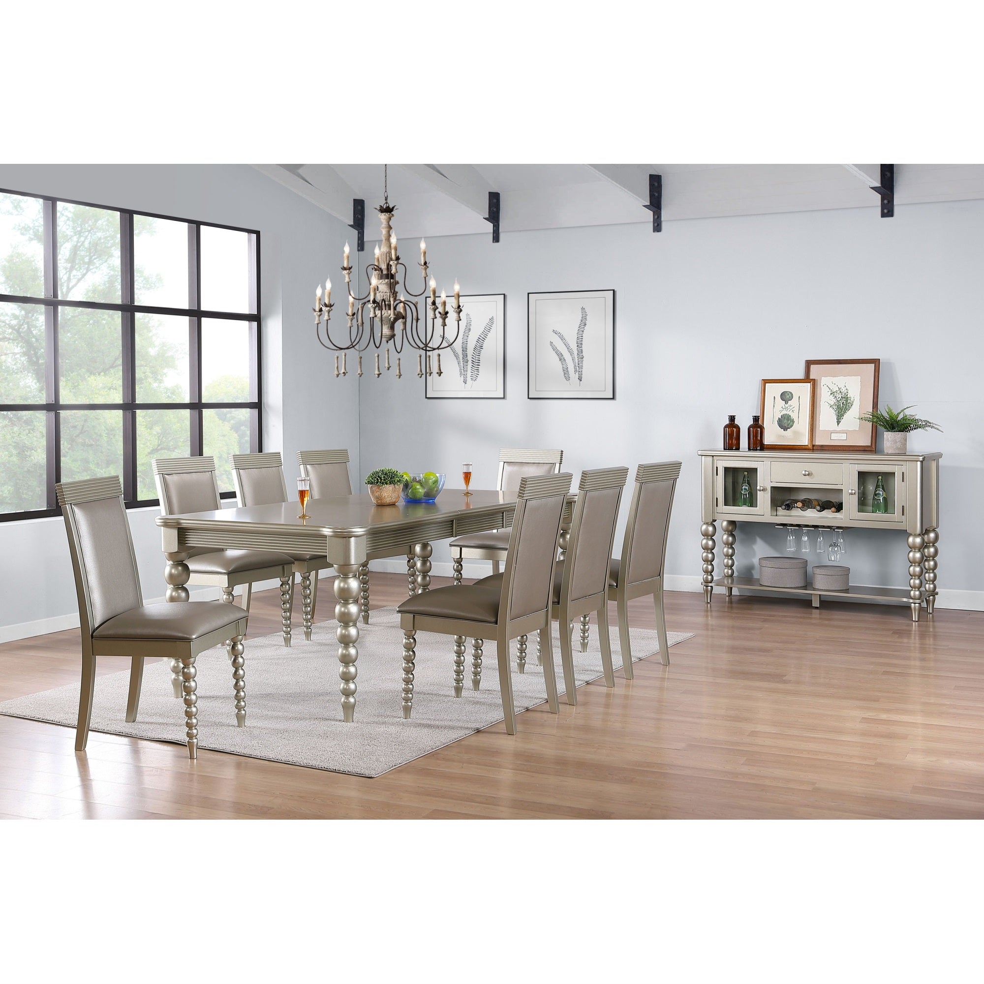 Zaria Champagne Wood 10 Piece Extendable Dining Set (Table, 8 Chairs, Server)