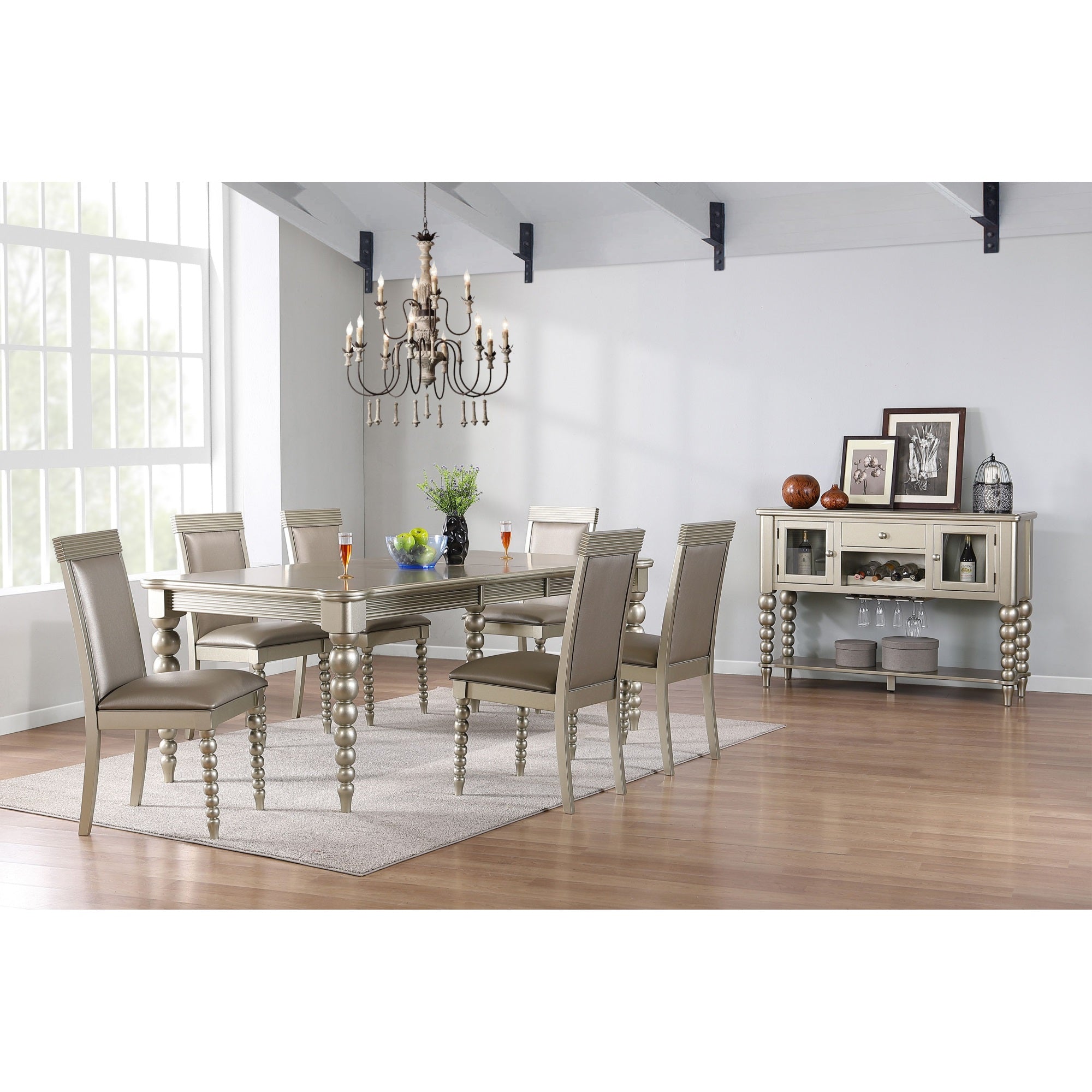 Zaria Champagne Wood 8 Piece Extendable Dining Set (Table, 6 Chairs, Server)