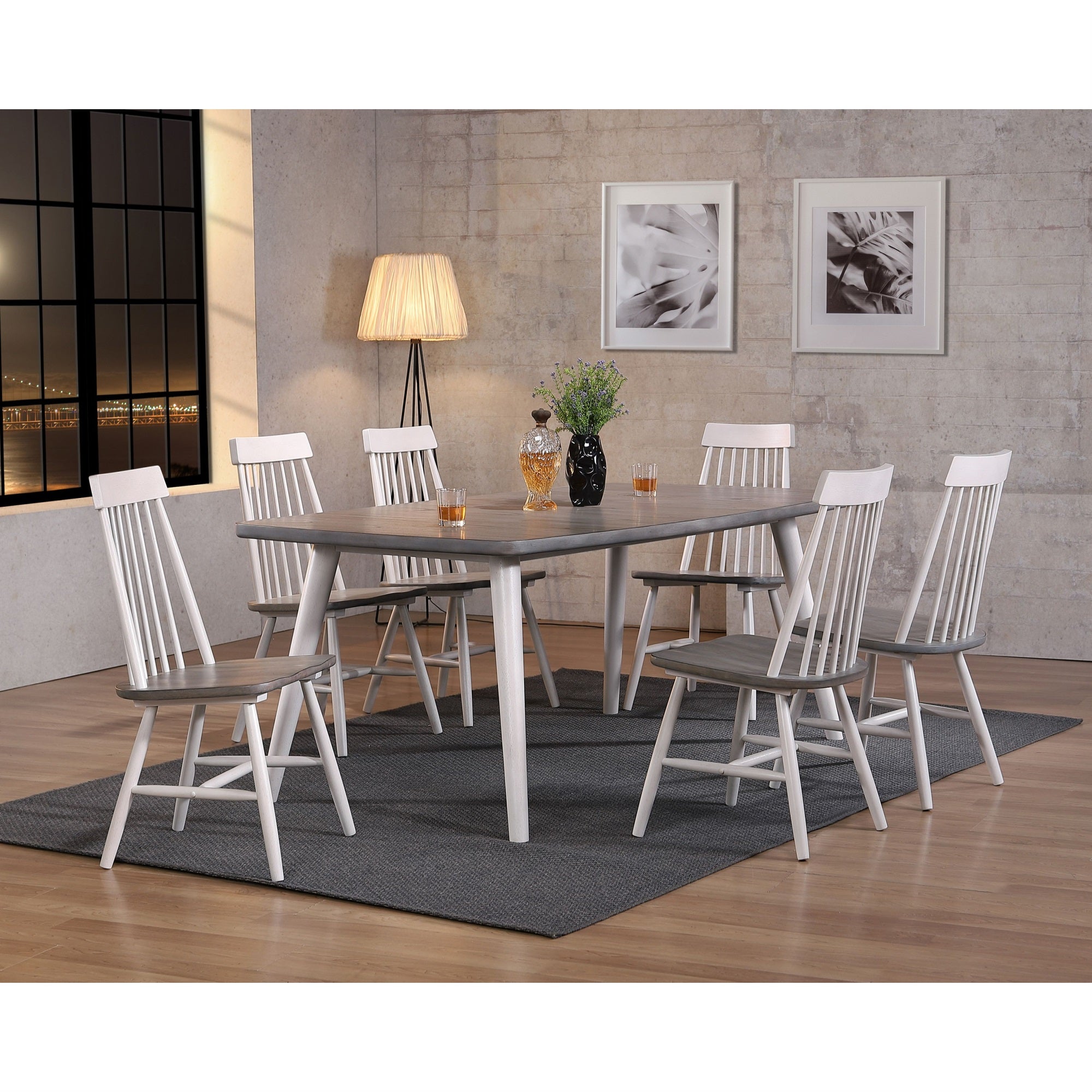 Cusick 7 Piece Farmhouse Dining Set, White & Gray Wood, (Table & Six Windsor Chairs)