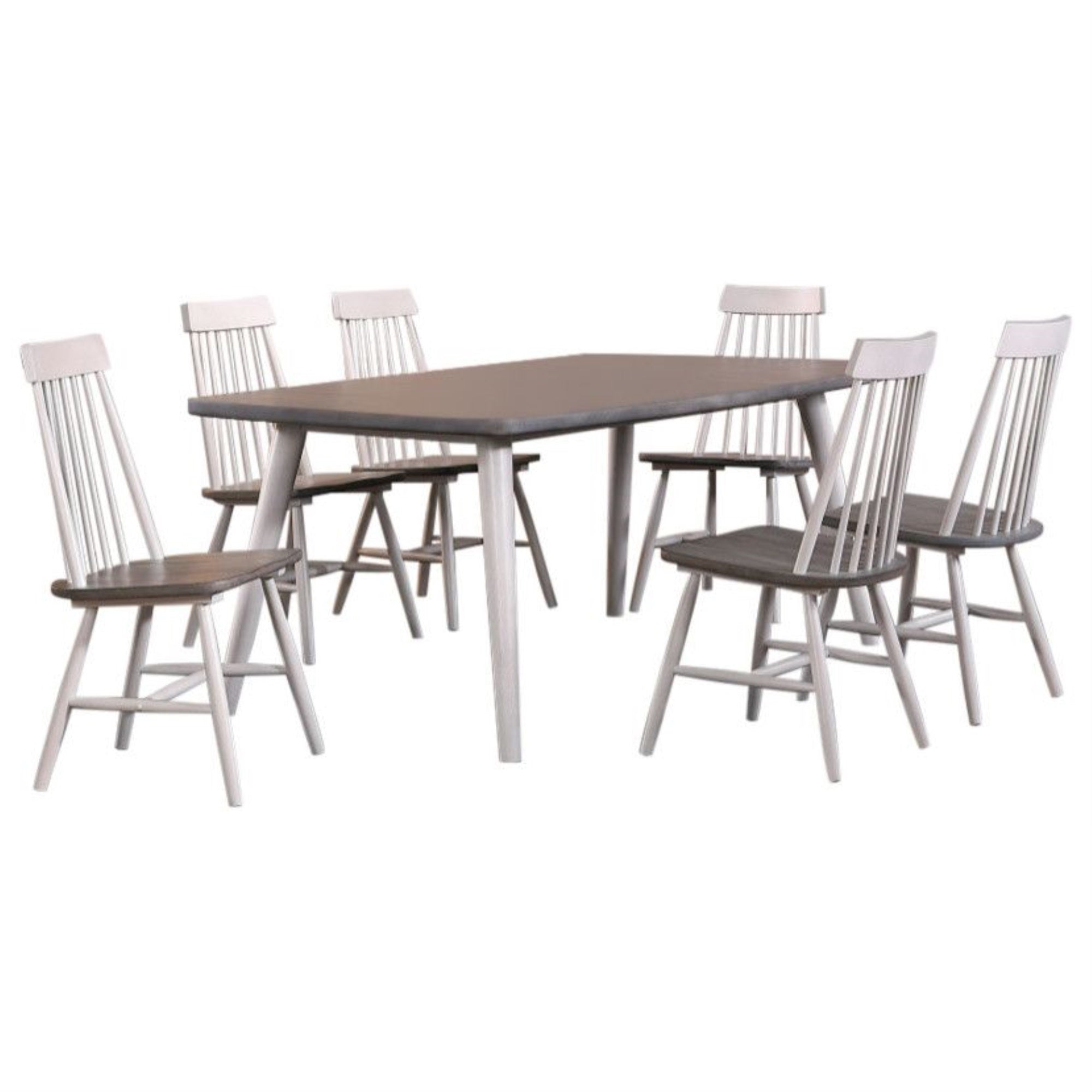 Cusick 7 Piece Farmhouse Dining Set, White & Gray Wood, (Table & Six Windsor Chairs)