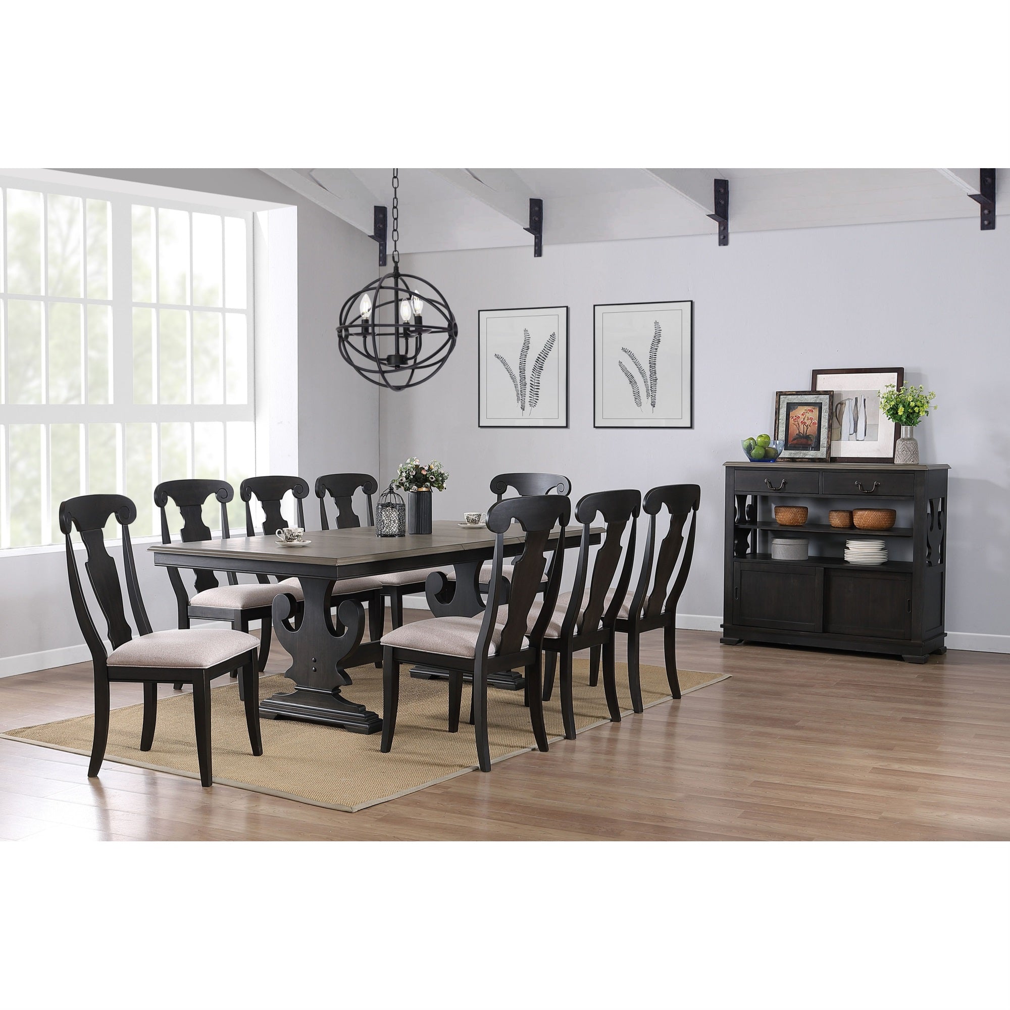 Frates 10 Piece Extendable Dining Set, Black & Brown Wood (Table, 8 Chairs, Server)