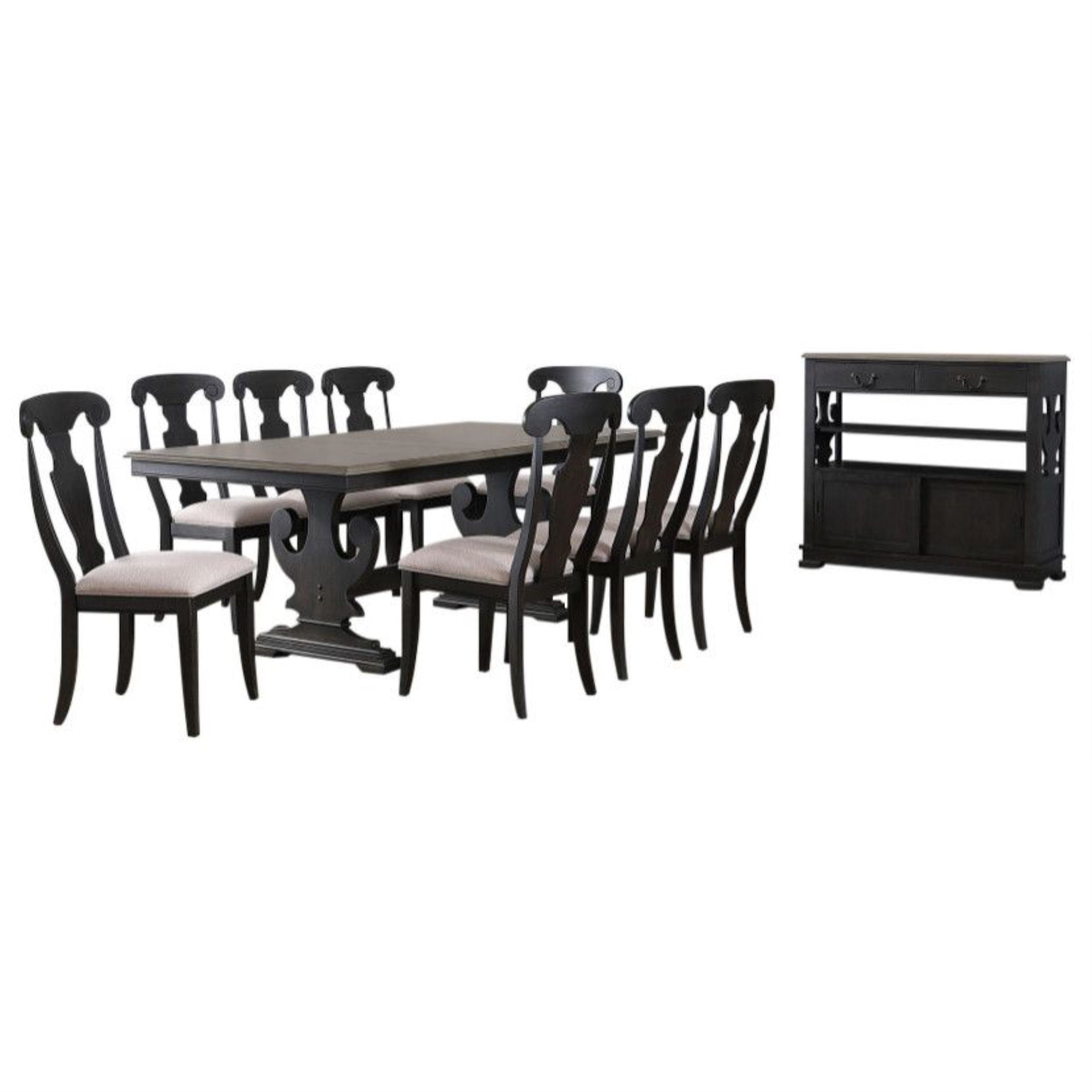 Frates 10 Piece Extendable Dining Set, Black & Brown Wood (Table, 8 Chairs, Server)