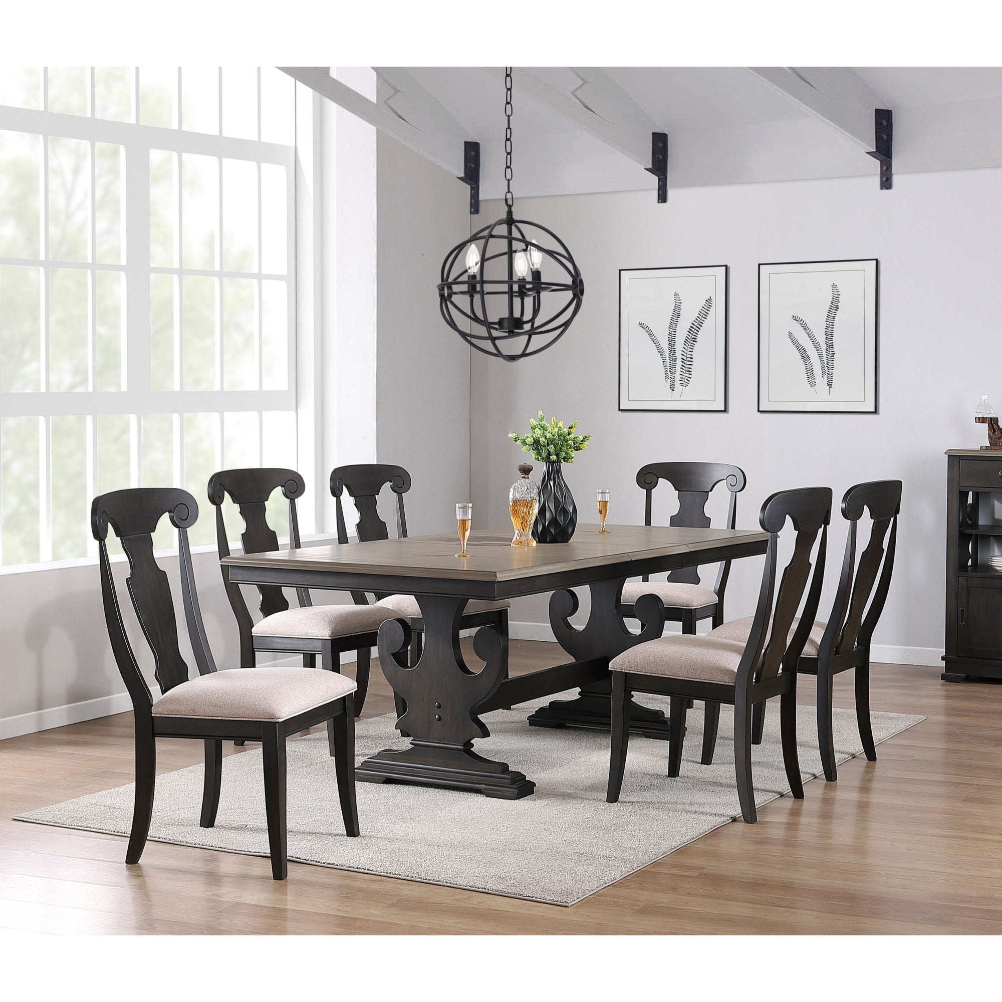 Frates 7 Piece Extendable Dining Set, Black & Brown Wood (Table & 6 Chairs)