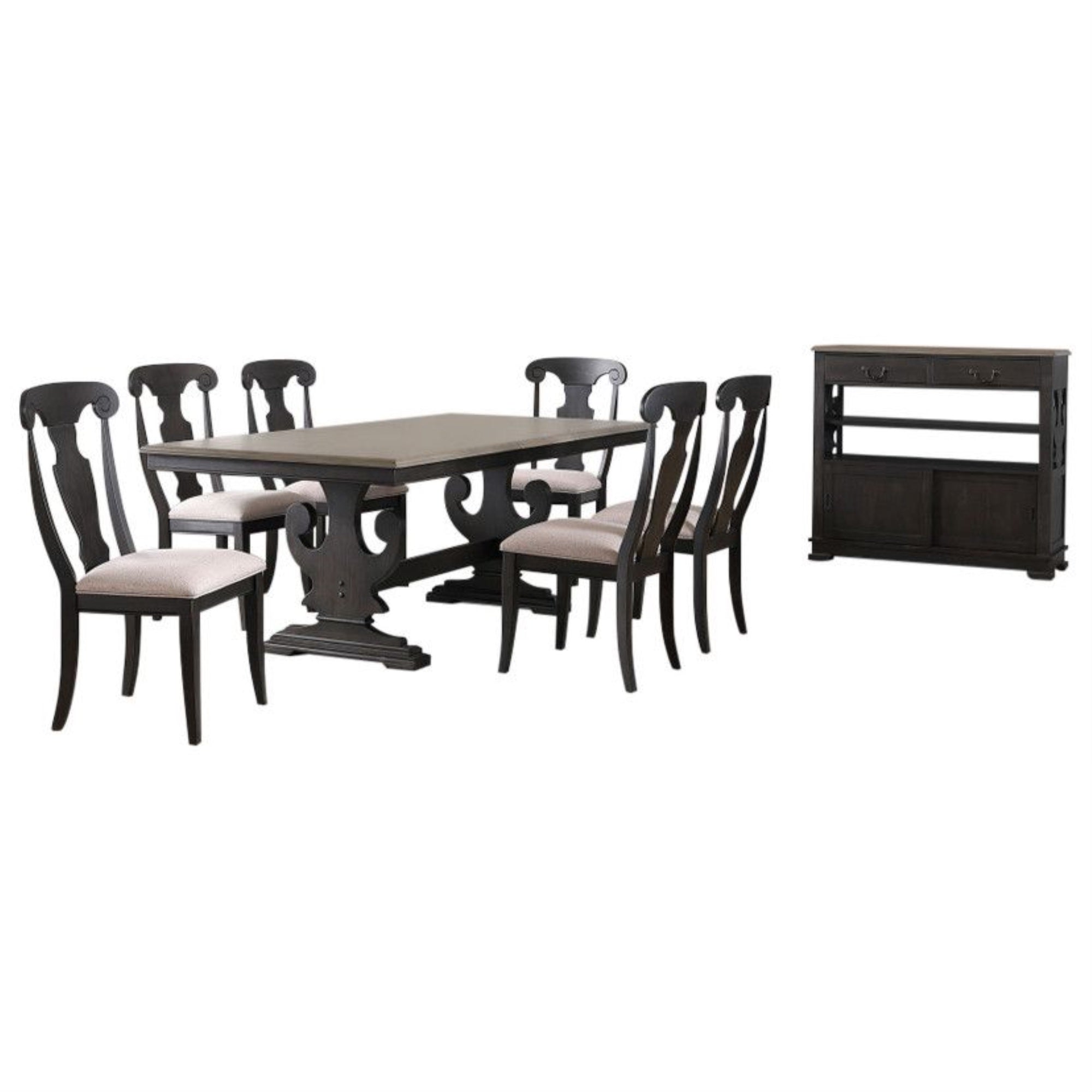 Frates 8 Piece Extendable Dining Set, Black & Brown Wood (Table, 6 Chairs, Server)