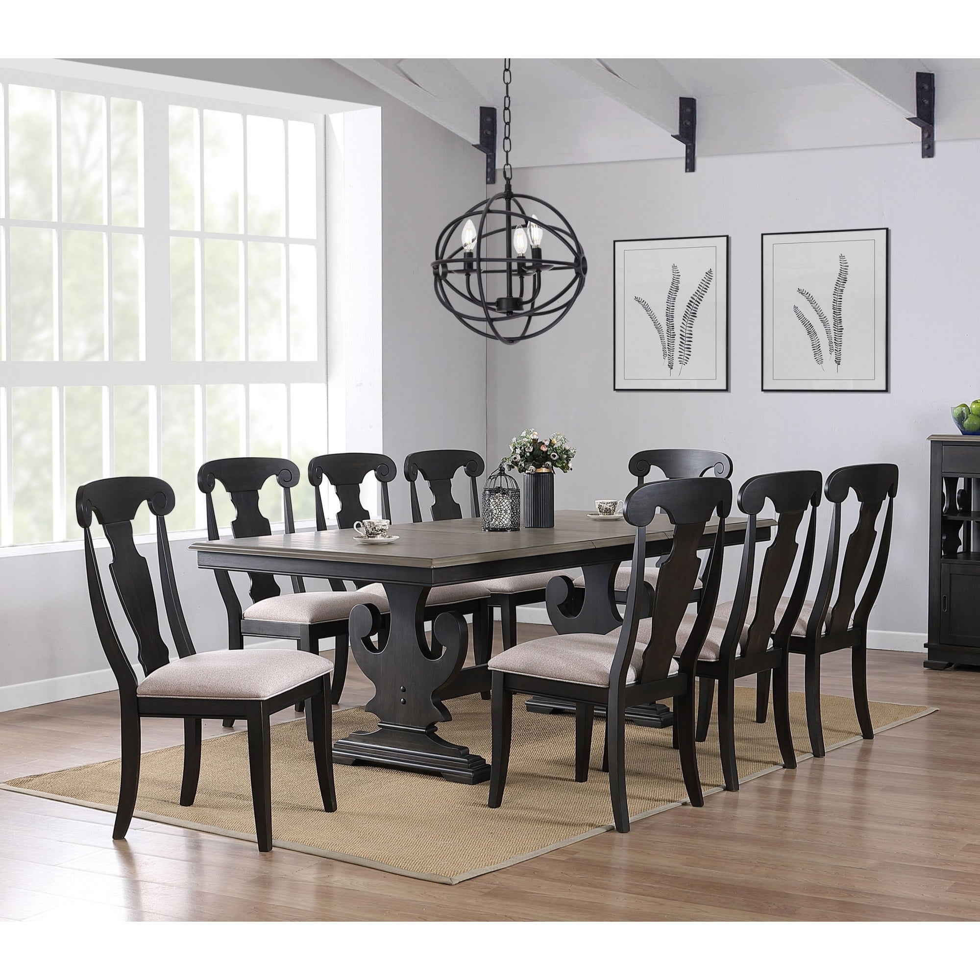 Frates 9 Piece Extendable Dining Set, Black & Brown Wood (Table & 8 Chairs)