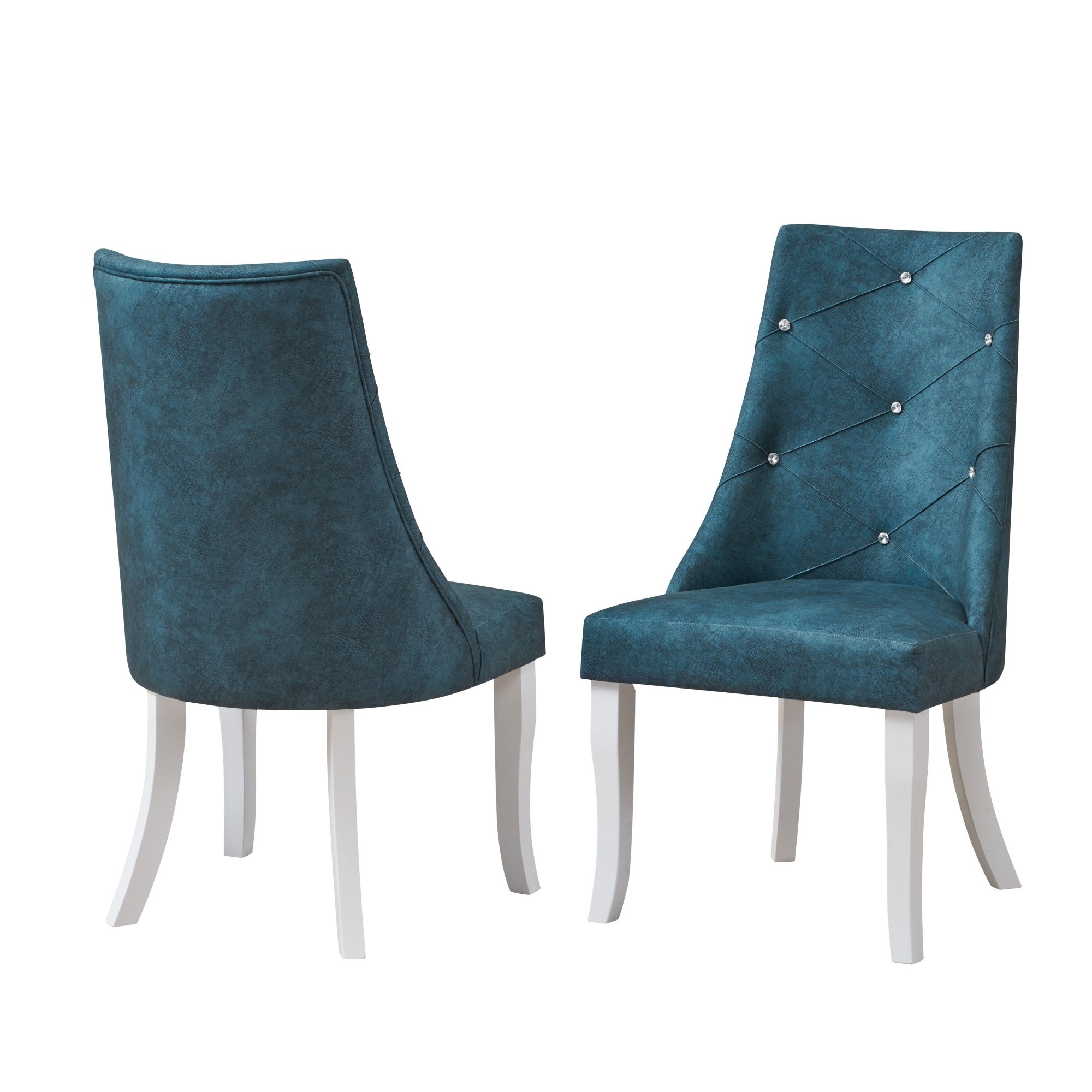 Benoit Crystal Tufted Upholstered Dining Side Chairs, Blue Fabric & White Wood (Set Of 2)