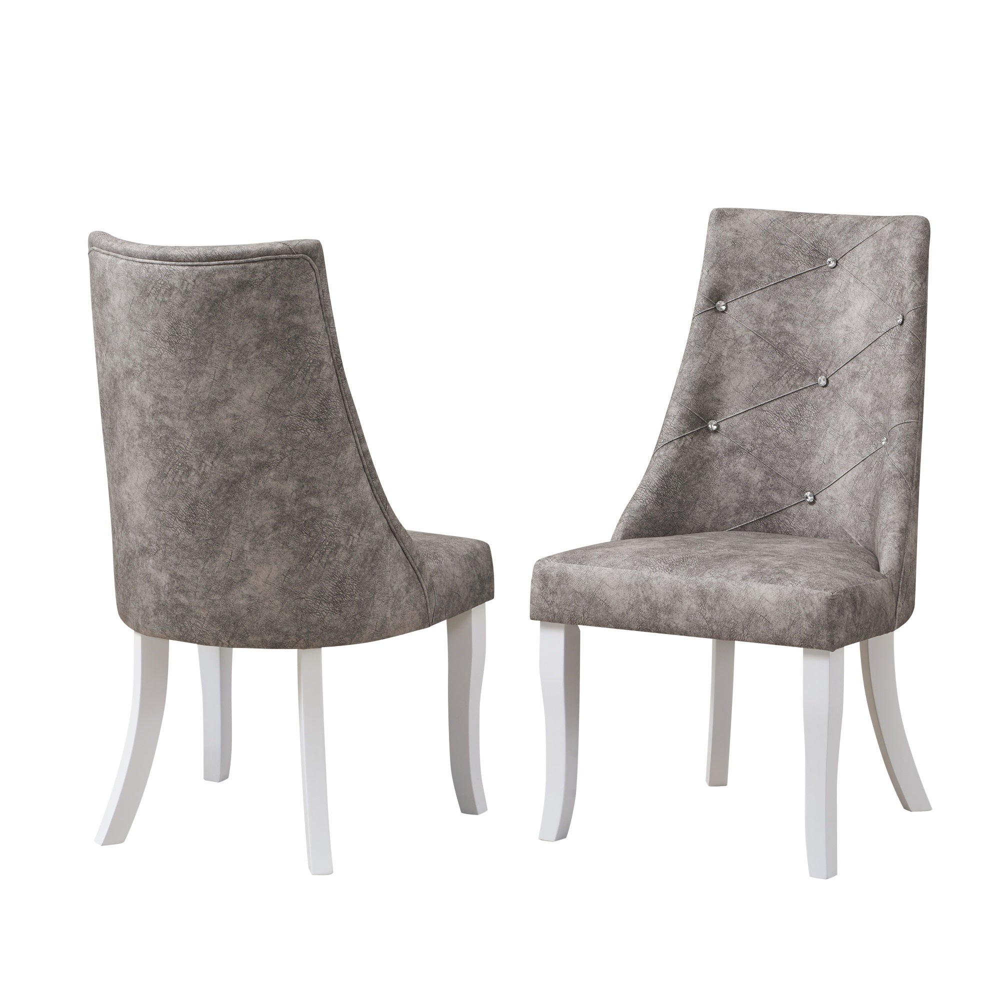 Benoit Crystal Tufted Upholstered Dining Side Chairs, Gray Fabric & White Wood (Set Of 2)