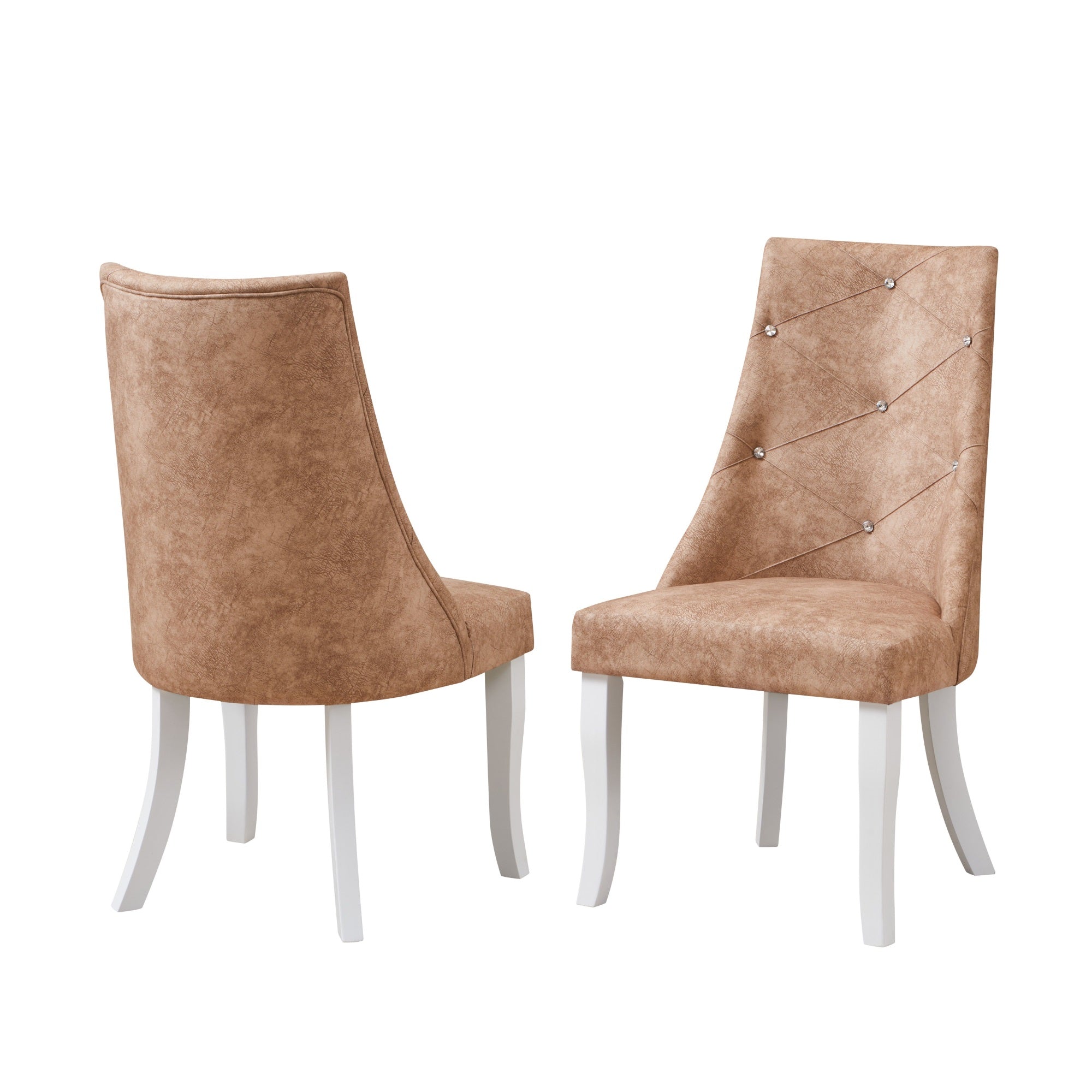 Benoit Crystal Tufted Upholstered Dining Side Chairs, Light Brown Fabric & White Wood (Set Of 2)
