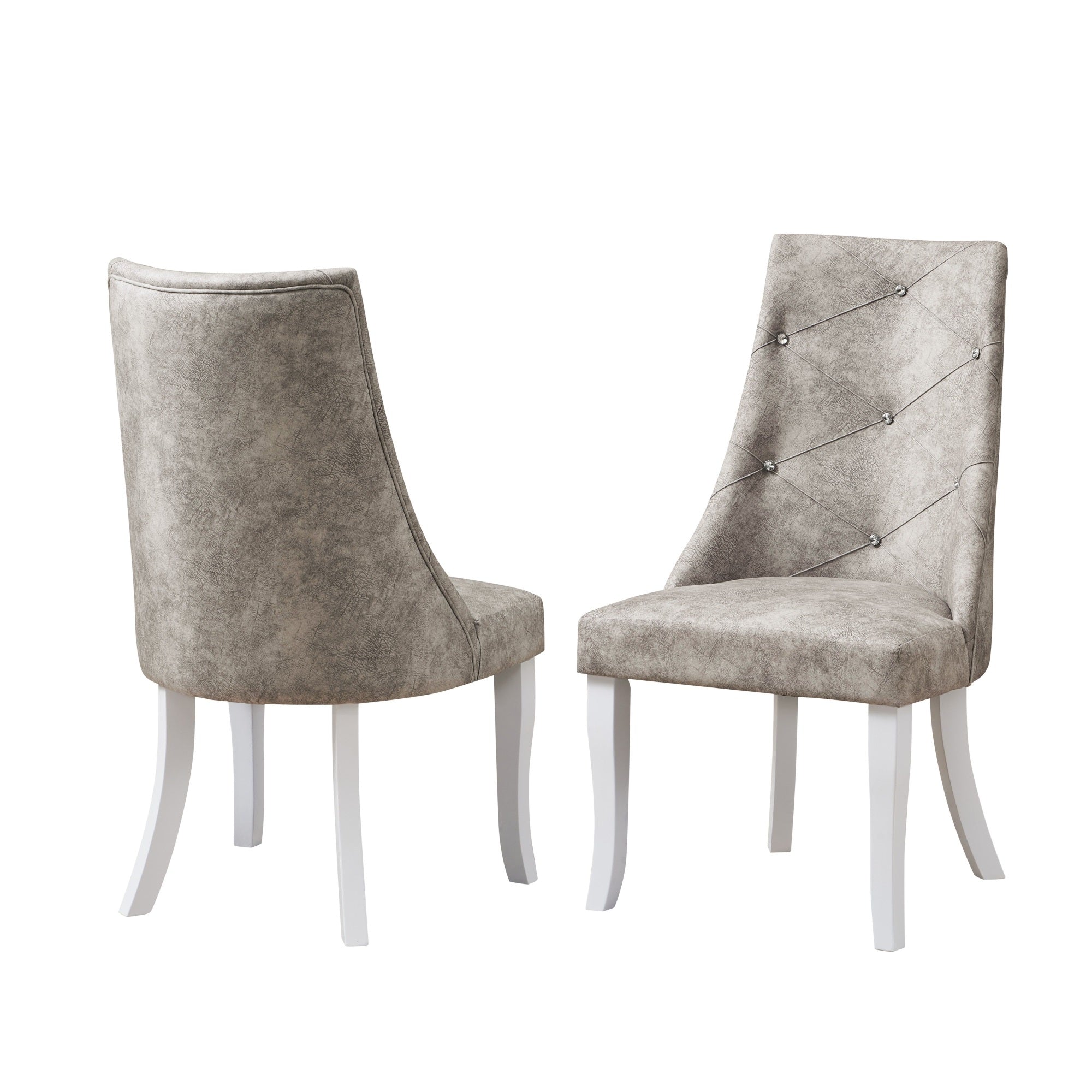 Benoit Crystal Tufted Upholstered Dining Side Chairs, Silver Fabric & White Wood (Set Of 2)