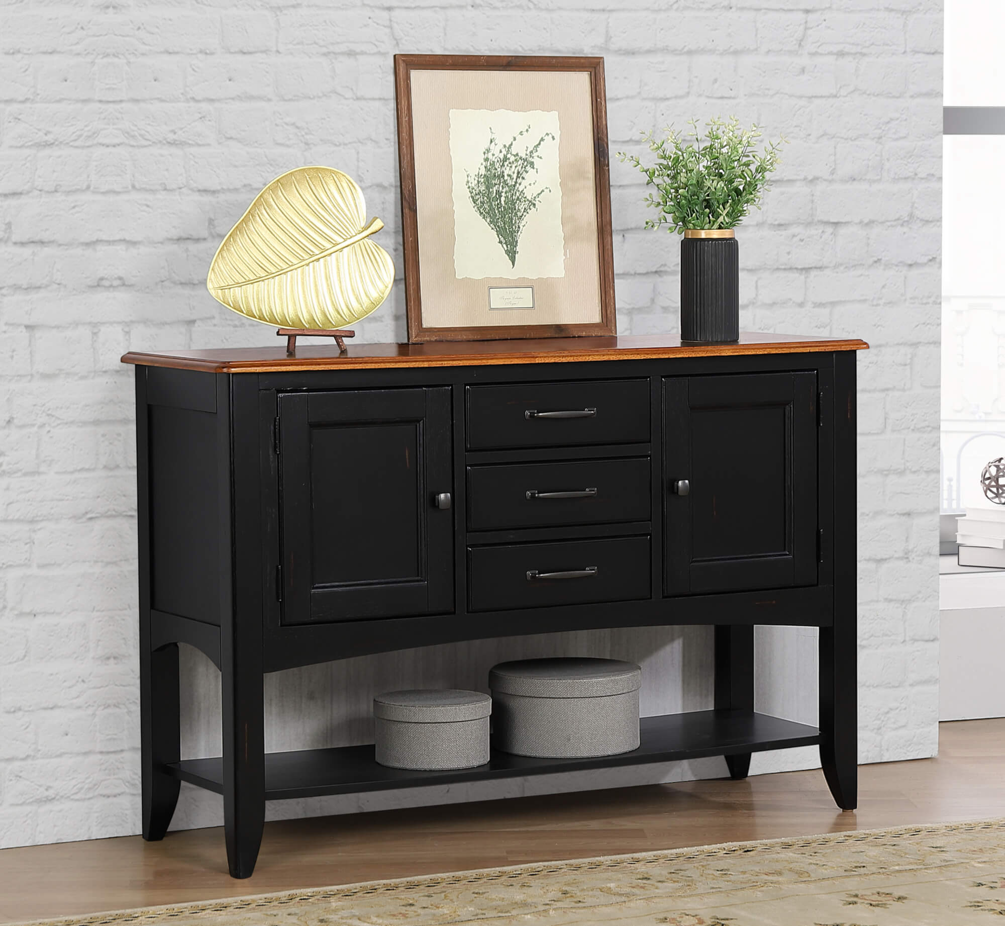 Sunset Trading Selections Sideboard With Large Display Shelf - 3 Drawers 2 Storage Cabinets - Antique Black And Cherry