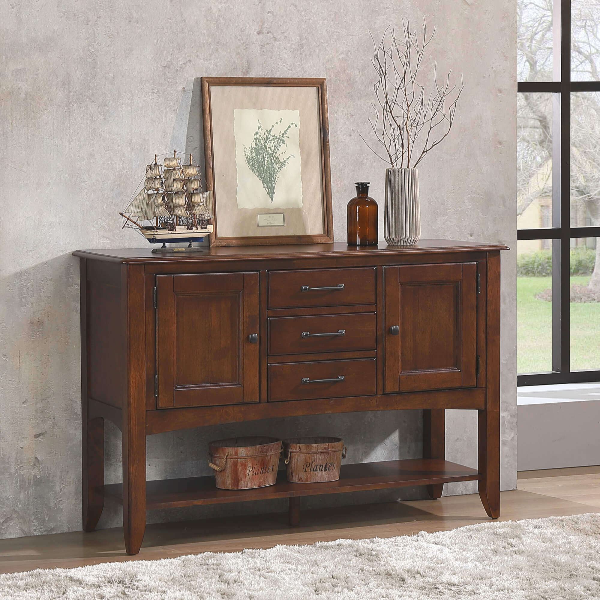 Sunset Trading Andrews Sideboard With Large Display Shelf | 3 Drawers 2 Storage Cabinets | Chestnut Brown