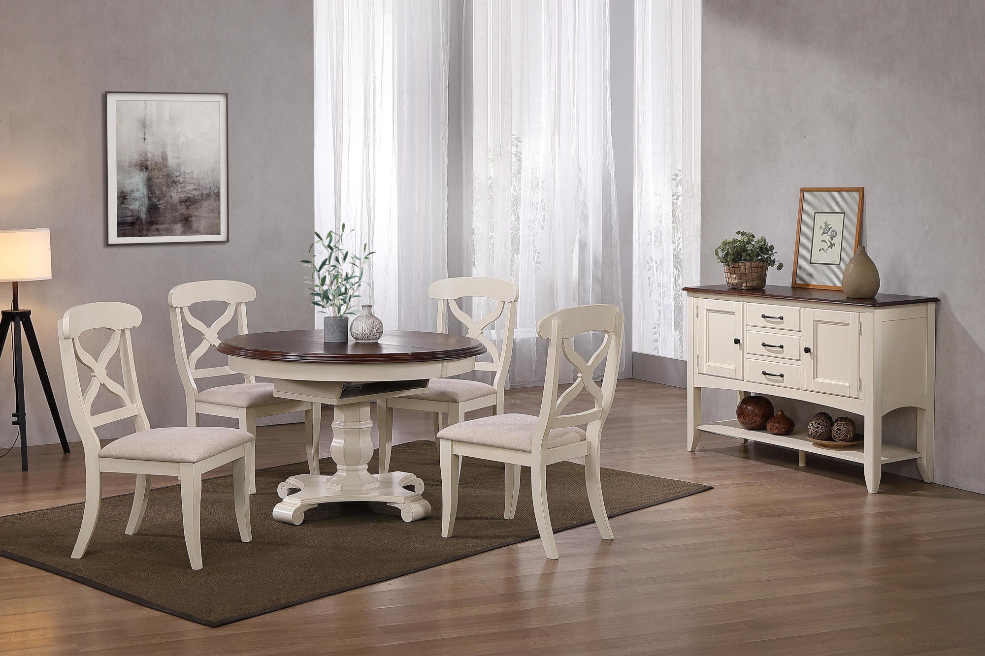 Sunset Trading Andrews 6 Piece 48 Round Or 66 Oval Extendable Dining Set| Butterfly Leaf Table | Sideboard With Large Displa