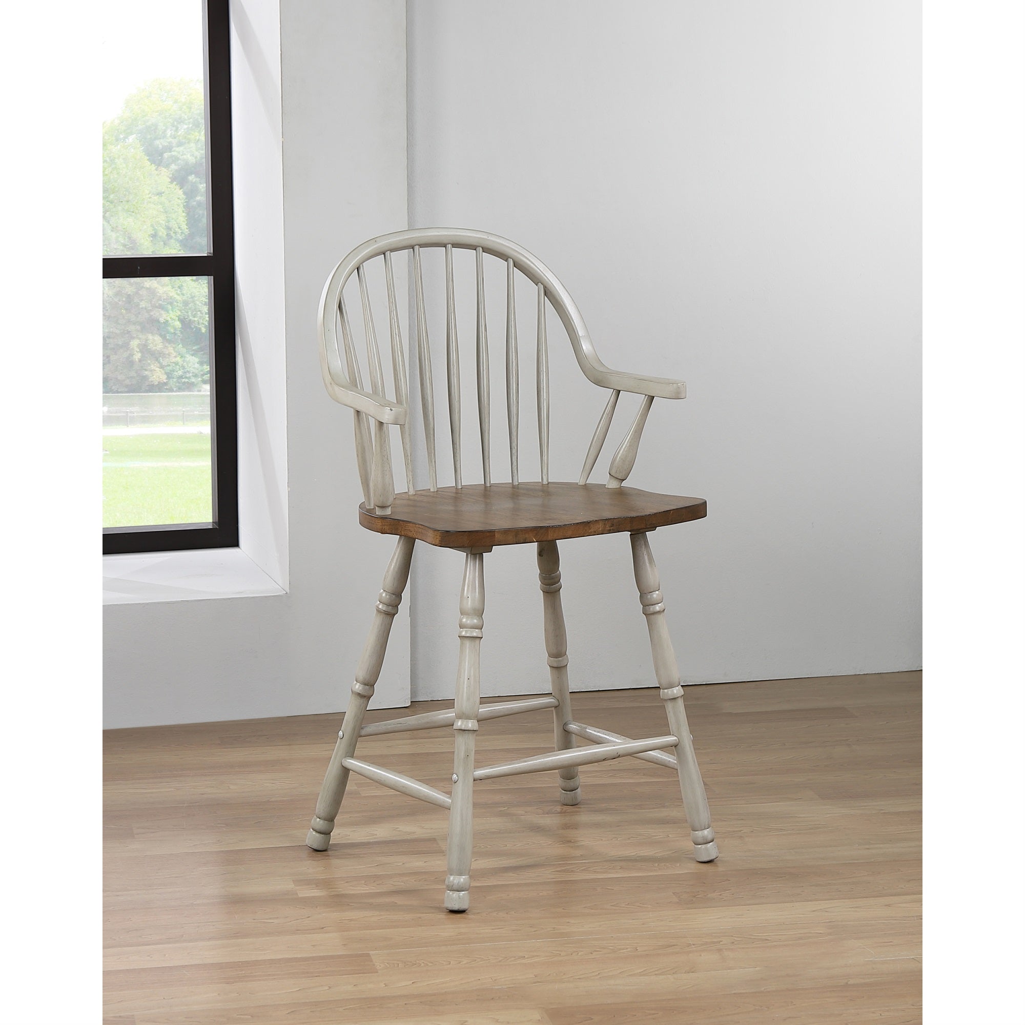 Sunset Trading Country Grove 24 Windsor Barstools With Arms | Counter Height Dining | Distressed Gray And Brown Wood | Set Of