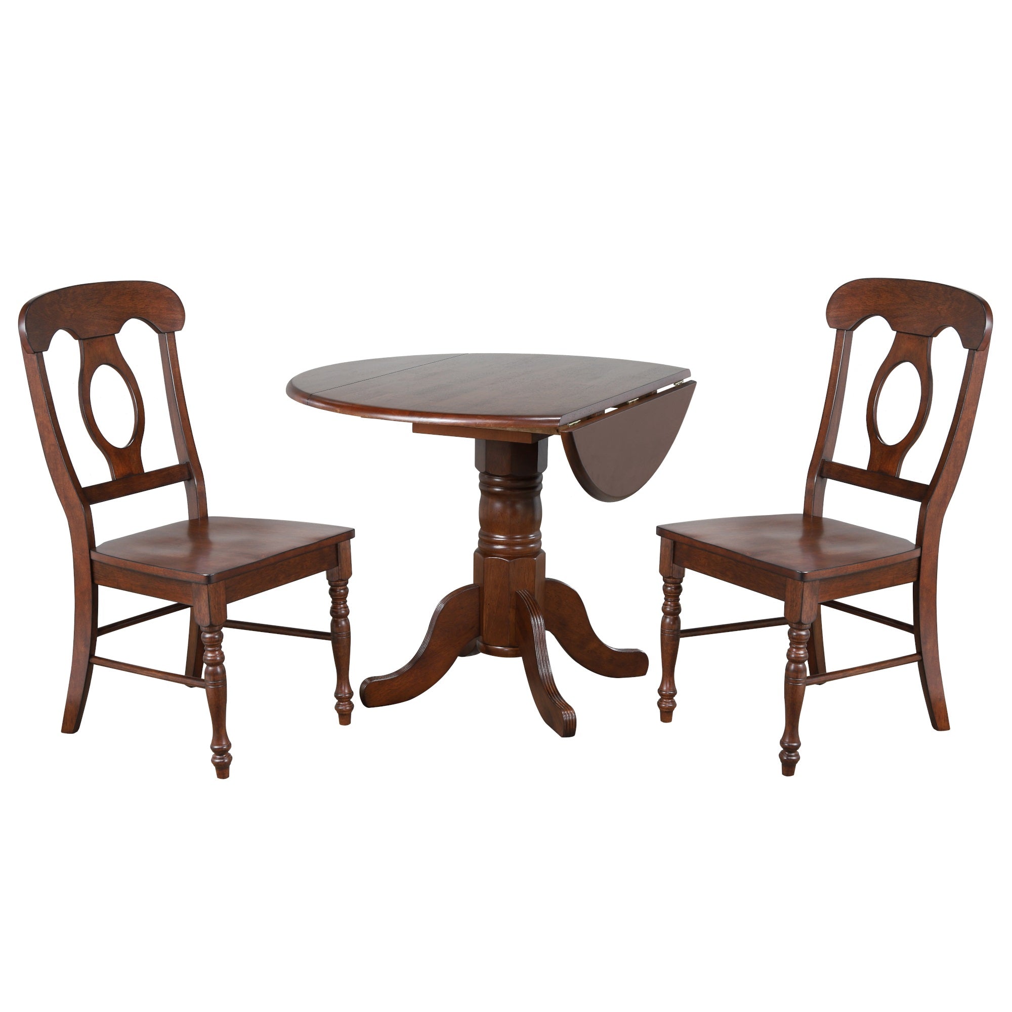 Sunset Trading Andrews 3 Piece 42 Round Drop Leaf Dining Set | Chestnut Brown | Napoleon Chairs | Seats 6